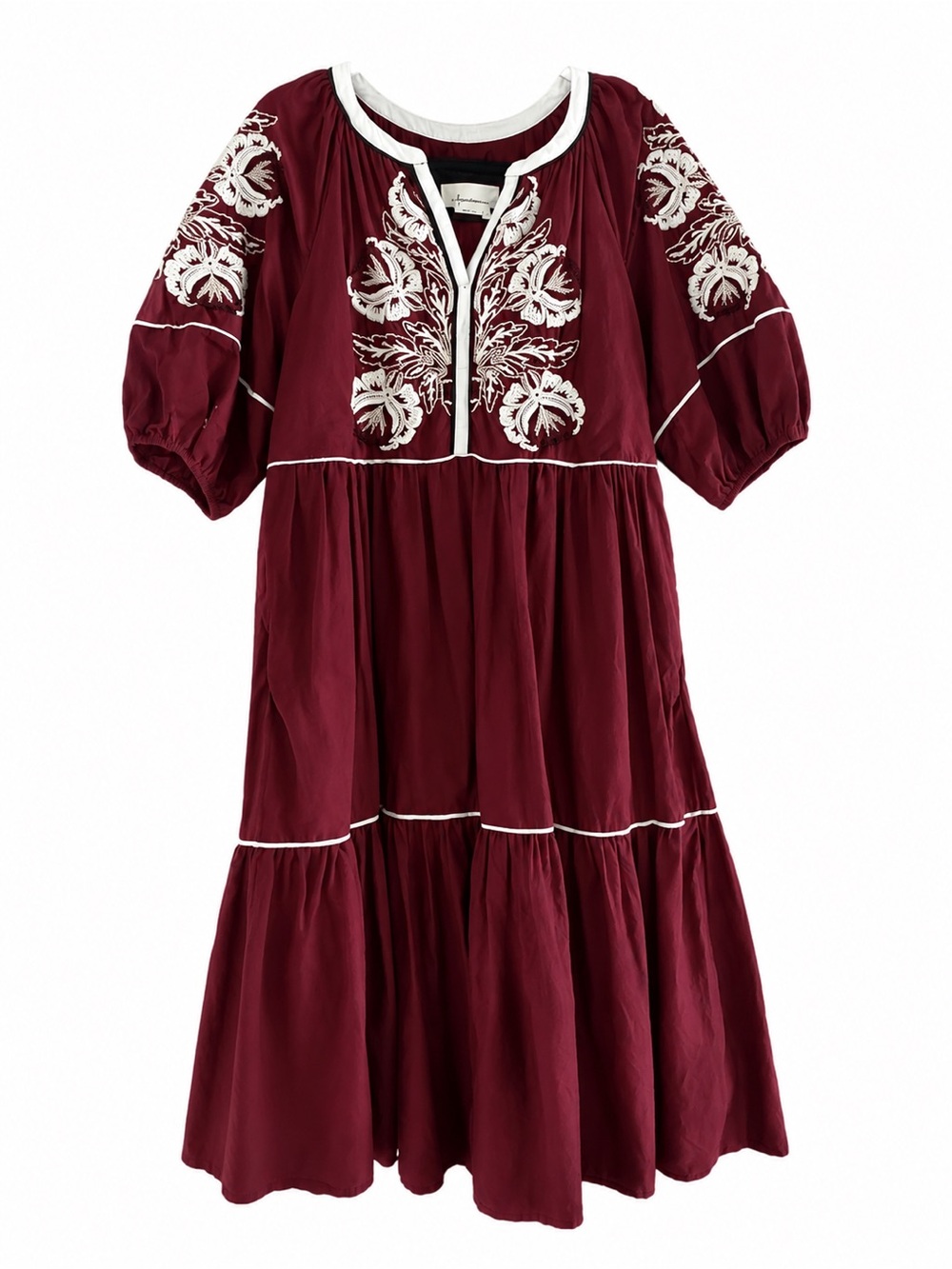 Anthropologie Gretel Embroidered Tiered Dress — Burgundy - PM